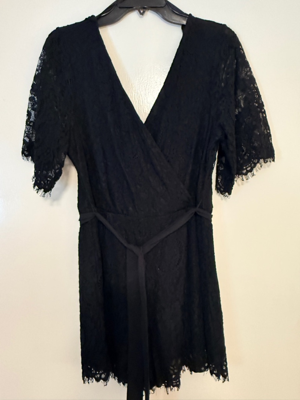 Black Lace Wrap Romper with Self-Tie Waist